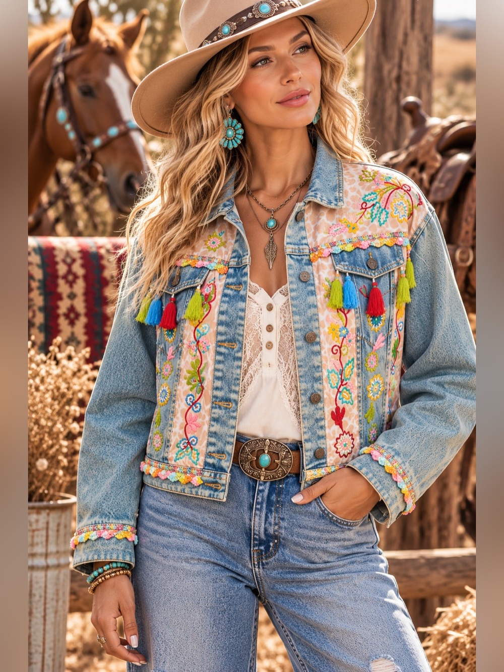 POL denim beaded sequin boho western tassel patchwork floral jean jacket coat